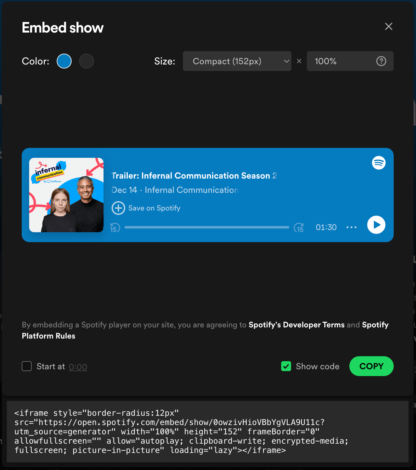 Image showing how to configure embed code in Spotify